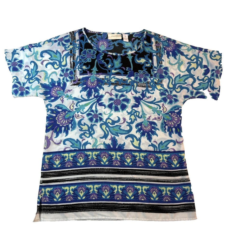 Chico's Blouse Womens Size 0 Blue Green Floral Chiffon Dolman‎ Boho Resort